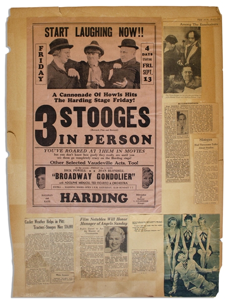 1935 Poster Measuring 11 x 15.75, for a Three Stooges Show, Partially Glued to 18 x 24 Scrapbook Sheet of Moe's News Clippings From 1935 -- Chipping & Toning, Overall Good; Poster Is Very Good